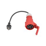 CEE adapter cable 
0,3 m H07RN-F 3G2,5
1st side: shock-proof plug
2nd side: CEE socket red 400V 32A 5pole #61427 (L1, N, PE)
in polybag with label