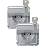 SCHUKO socket, hinged lid, label, lockable, 2 identical closures, BRS, StK, aluminum, AQUADESIGN