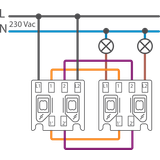 Base for a double two-way switch, 10 AX/250 Vac, plug-in terminals, sc