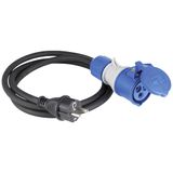 Adapter cable 1.5m, black
1.5m heavy rubber hose cable H07RN-F 3G2.5 
1st side: protective contact plug
2nd page: CEE coupling "powerlight" 230V/16A/3-pole with hinged cover, blue with phase display