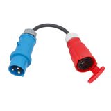 CEE adapter cable 
0,3 m H07RN-F 3G6
1st side: CEE plug blue 230V 32A 3pole #60590
2nd side: CEE socket red 400V 32A 5pole #61427 (L1, N, PE)
in polybag with label
