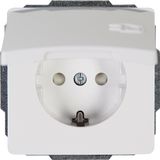 Earthed socket outlet with hinged lid an