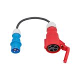 CEE adapter cable 
0,3 m H07RN-F 3G2,5
1st side: CEE plug blue 16A 230V 3pole #60470
2nd side: CEE socket red 400V 16A 5pole #61425 (L1, N, PE)
in polybag with label