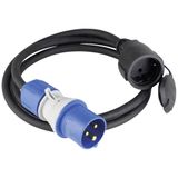 Adapter cable 1.5m, black
1.5m heavy rubber hose cable H07RN-F 3G2.5 
1st page: CEE plug "powerlight" 230V/16A/3-pin, blue with phase display
2nd side: Protective contact coupling with protective cap
230V/16A/3-pin