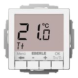 Flush-mounted thermostat as room controller, RAL9016 glossy 55x55, AC 230V, 1 changeover contact, heating 5(2) A, cooling 1(1) A, white backlighting