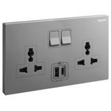 Galion - 2 gangs Multistandard switched socket outlet with 3A type-A and type-C USB chargers - Dark Silver