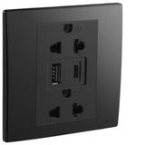 Mallia Senses - 1 gang EURO/US socket outlet - 16A - 2 x 2 Poles + Earth - with 3000mA A and C types USB chargers - Brushed Black