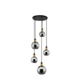 Smoky Glass  Black & Gold Metal   LED E27 5x12 Watt 230 Volt  IP20 Bulb Excluded  D: 50 H: 180 cm Adjustable height