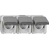 SCHUKO triple socket, arranged horizontally with touch protection, light gray, AQUASTAR