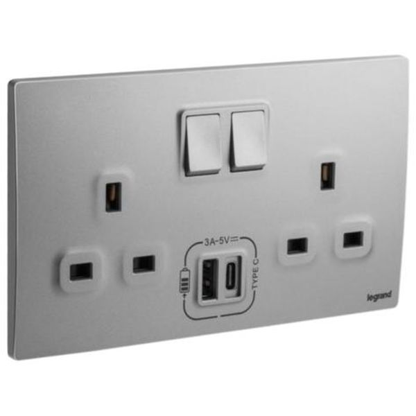 281136DS Mallia Senses 2 gang BS switched socket outlet single pole - 13A - with 3000mA A and C types USB chargers image 1