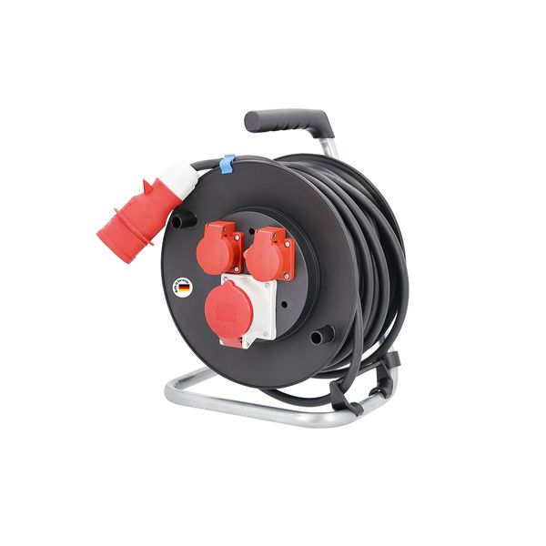 CEE safety cable reel 20 m H05VV-F 5G2,5 16 A Thermal switch 2 socket outlets 2PE 16A/250V 1 CEE 3PNE 16A/440V image 1