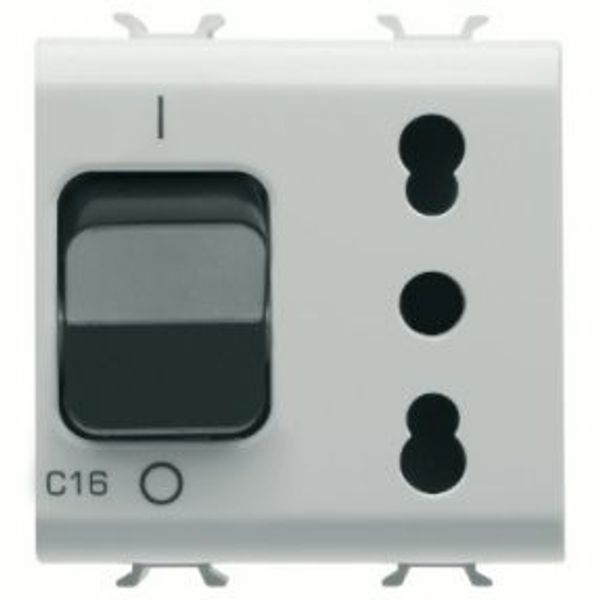 INTERLOCKED SWITCHED SOCKET-OUTLET - 2P+E 16A - P17-P11 - WITH MINIATURE CIRCUIT BREAKER 1P+N 16A - 230V ac - 2 MODULES - SATIN WHITE - CHORUSMART. image 1