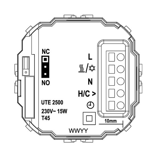 UP room controller, RAL1013 matt 55x55, 5-30C, AC 230V, triac output, switchable 5 actuators each 3W, change-over input, TA 3.5K, LED displays image 3