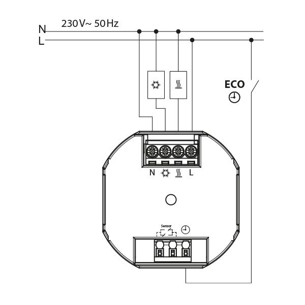 Flush-mounted thermostat as room controller, RAL9016 glossy 55x55, AC 230V, 1 changeover contact, heating 5(2) A, cooling 1(1) A, white backlighting image 4