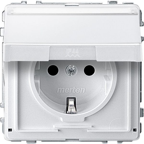 SCHUKO socket outlet with hinged lid and label, contact protection, plug-in terminals, polar white, AQUADESIGN image 1