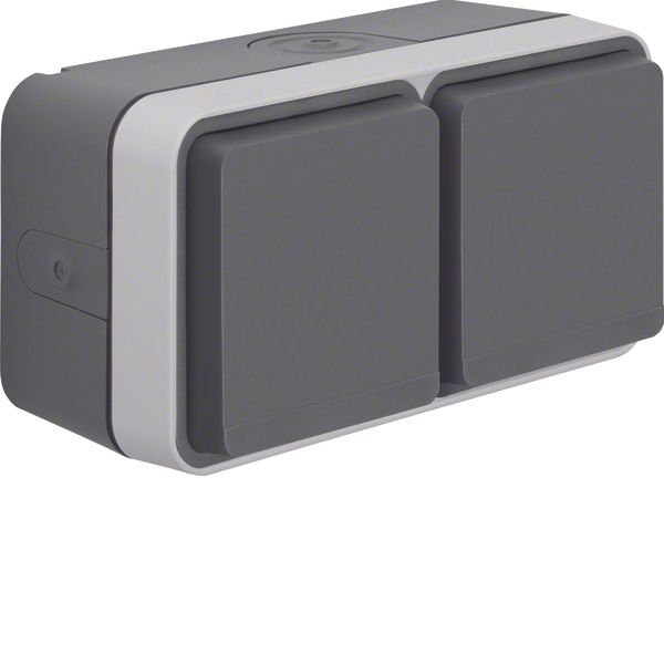 SCHUKO soc. out. 2gang hor. hinged cover surface-mtd, W.1, grey/light  image 1