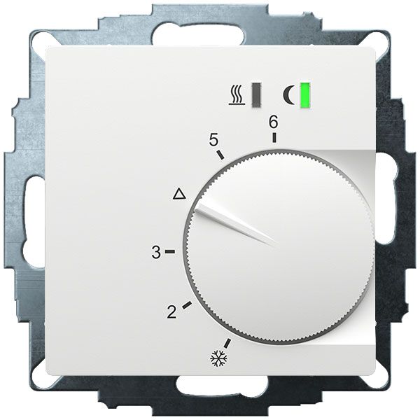 UP room controller, RAL9016 matt 55x55, 5-30C, AC 230V, triac output, switchable 5 actuators each 3W, change-over input, TA 3.5K, LED displays image 2