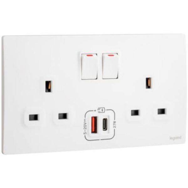 281137MW Mallia Senses 2 gang single pole switched socket outlets - with USB A+C 27W charger image 1