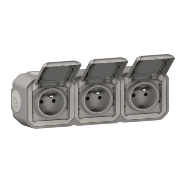 Triple power socket with pre-wired waterproof earth with Plexo shutter 16A 250V delivered complete for gray horizontal surface mounting image 1