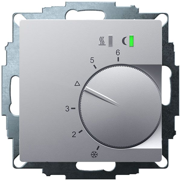 UP room controller, aluminum 55x55, 5-30C, AC 230V, triac output, switchable 5 actuators each 3W, change-over input, TA 3.5K, LED displays image 1