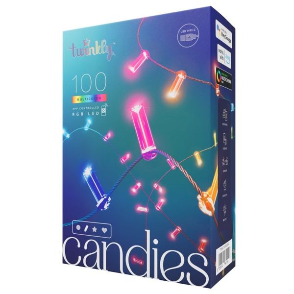 Twinkly Candies – 100 Candle-shaped RGB LEDs, Green Wire, USB-C image 1