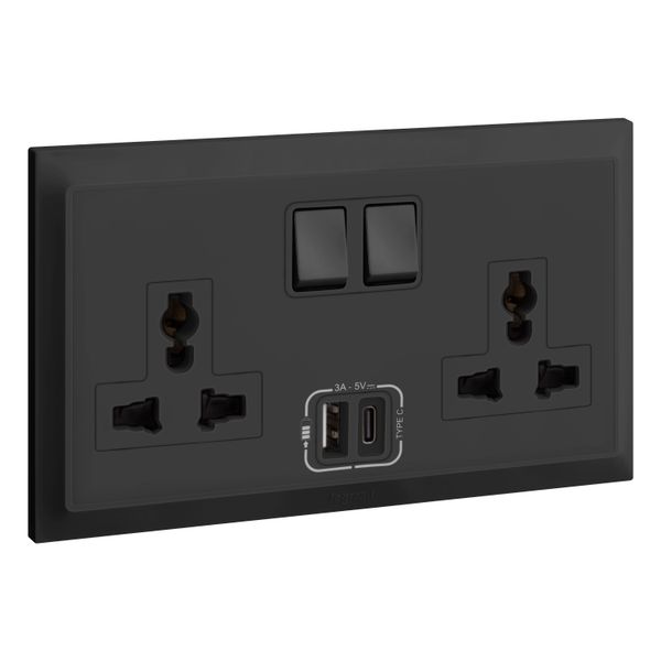 Socket 2 Gang 13A Switched + USB Type( A+C ) 7X14 Black  Legrand-Belanko S image 1