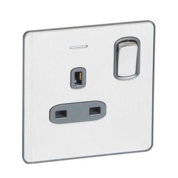 Synergy™ Sleek - 1 gang switched single pole BS socket outlet 13A + blue led power indicator Brushed Stainless steel image 1