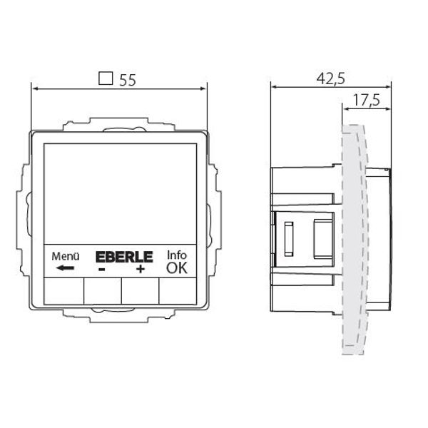 Clock thermostat as a room controller, RAL9016 glossy 55x55, AC 230V, 1 changeover contact, heating 5(2) A, cooling 1(1) A, white backlighting image 3