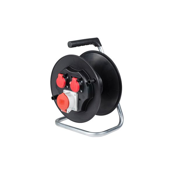 CEE safety empty cable reel with thermal switch 2 socket outlets 2PE 16A/250V 1 CEE 3PNE 16A/440V image 1