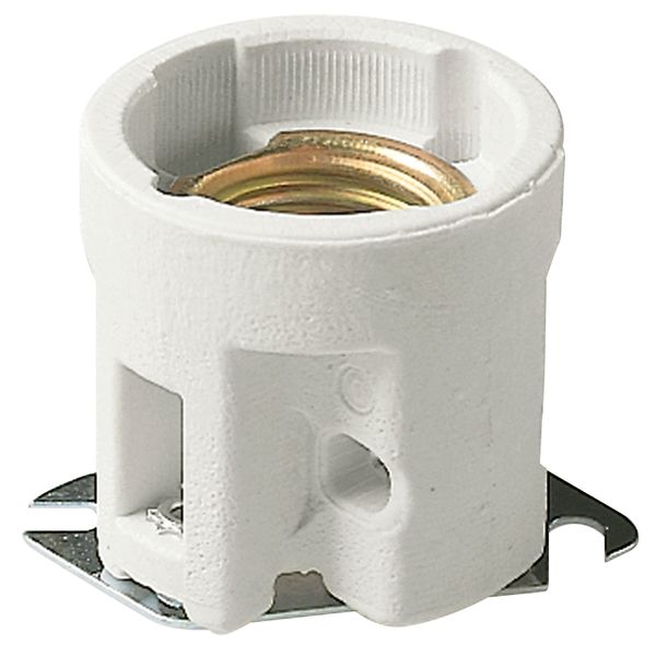 E27 lampholder, cylindrical body ø 50 mm in porcelain, insulating metal socket holder, straight fixing plate. Fixing holes ø 5.5x8 mm shaft distance 52 mm image 1