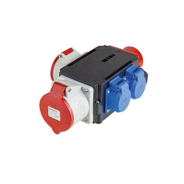 'MIXO combination unit 440V/250V - 16A/32A In: 1 CEE-inlet, 5-pole, 16A / 440V Out: 1 CEE-outlet, 5-pole 16A / 440V         1 CEE-outlet, 5-pole 32A / 440V         2 socket outlets 2PE, 16A / 250V with safety hinged lids' image 1