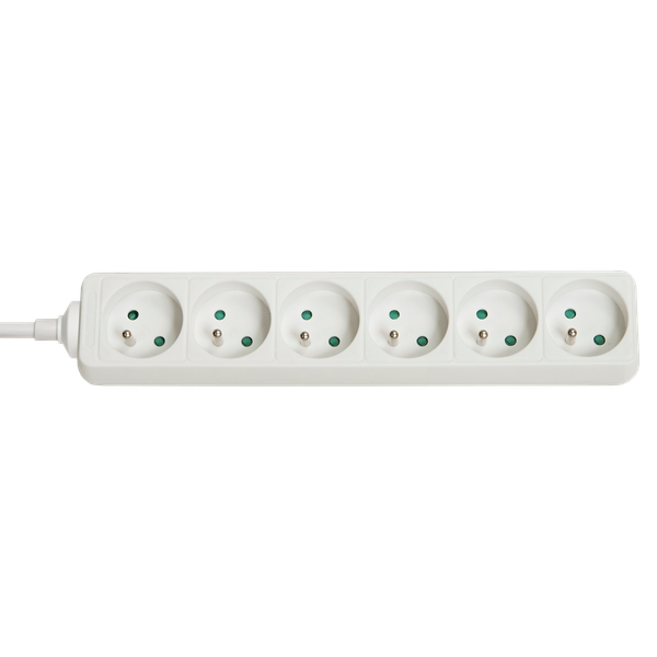 6-Way French Schuko Mains Power Extension, White Multi-socket outlet with 6 French sockets at 45°, for easy connection, 1.4m power cord. image 1