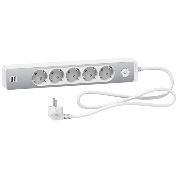 Unica extend - Schuko trailing lead - 5 gangs - with USB port - aluminium/white image 2