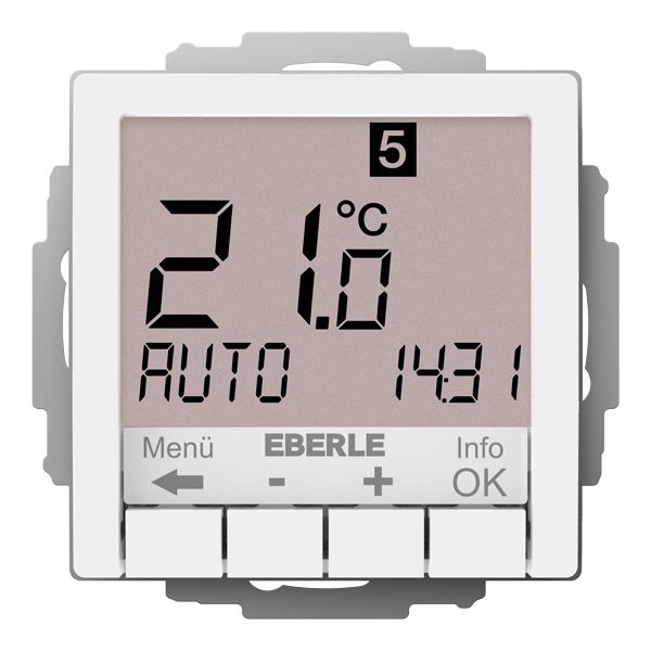 Clock thermostat as a room controller, RAL9016 glossy 55x55, AC 230V, 1 changeover contact, heating 5(2) A, cooling 1(1) A, white backlighting image 1