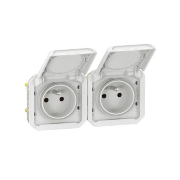 069642L Double pre-wired power socket 2x2P+E horizontal waterproof Plexo 16A 250V IP55 2 positions with white bezels image 1