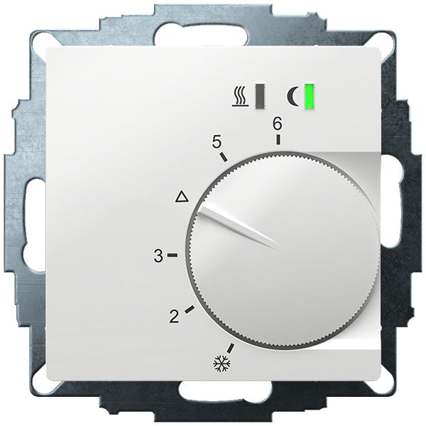 UP room controller, RAL9016 glossy 55x55, 5-30C, AC 230V, triac output, switchable 5 actuators each 3W, change-over input, TA 3.5K, LED displays image 1