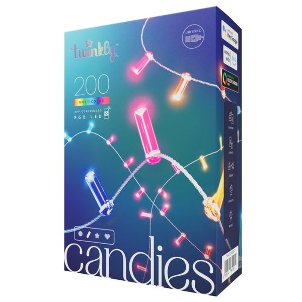 Twinkly Candies – 200 Candle-shaped RGB LEDs, Clear Wire, USB-C image 1