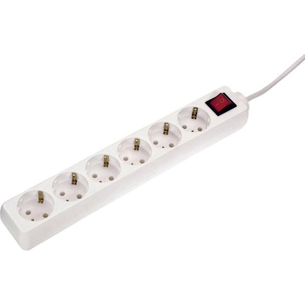 6 way socket outlet white, 1,4m H05VV-F 3G1,5 with children protection + switch' in polybag with label image 1