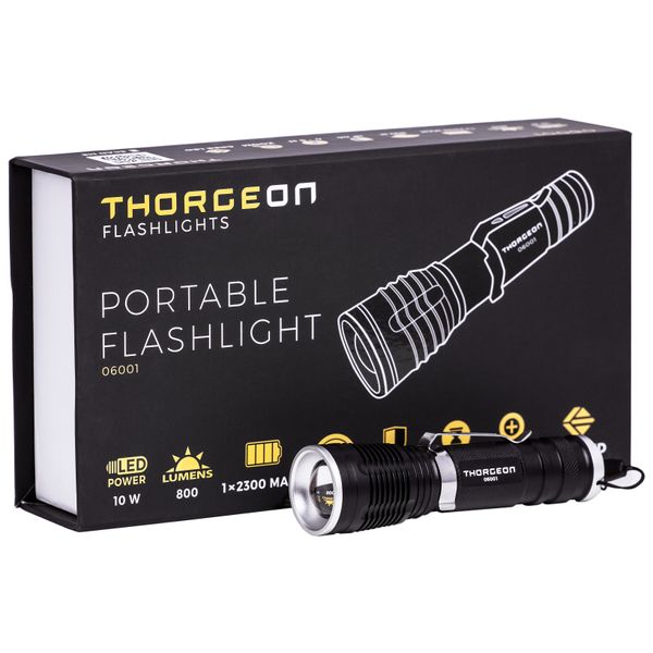 LED Flashlight 10W 800Lm IP44 (30x115mm) + 18650 accumulator 1x2300mAh THORGEON image 1