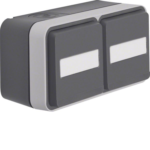 SCHUKO soc. out. 2gang hor. hinged cover surface-mtd, W.1, grey/light  image 1