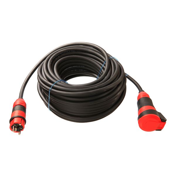 Extension cable SCHUKOultra 10m H07RN-F 3G1, 5 with SCHUKOultra II plug and coupling with voltage indicator and self-closing hinged cover in red / black 230V / 16A - IP54 industrial, construction site - image 1