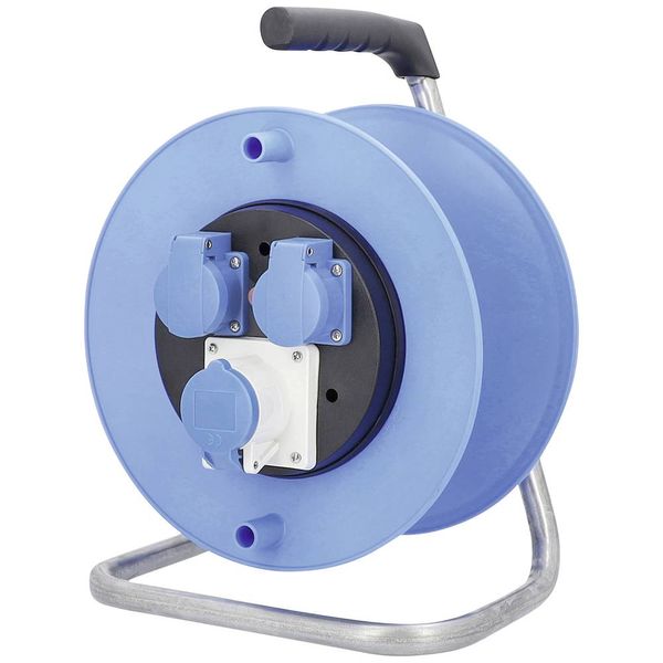 Camping empty drum 285Ø mm, blue empty for approx. 25m 3G2.5 cable 2 built-in sockets 230V / 16A with hinged lid 1 CEE socket 230V / 16A / 3-pin with hinged cover image 1