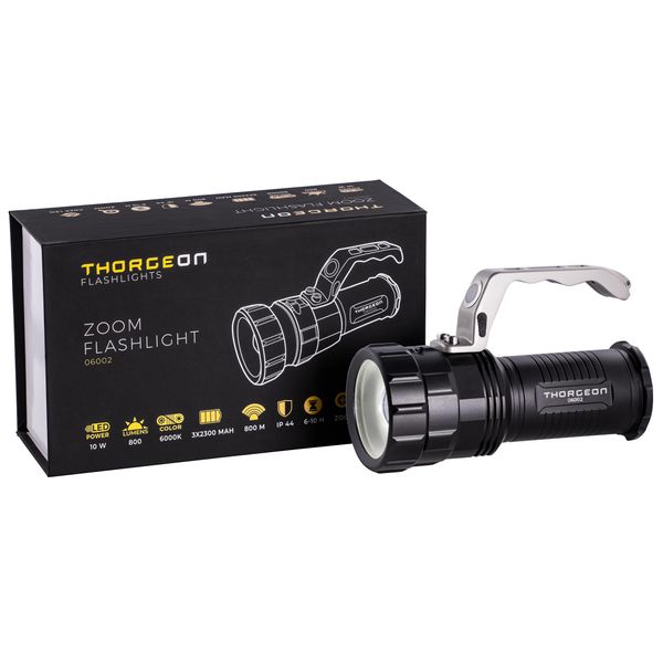 LED Flashlight 10W 800Lm IP44 (165x110x75mm) + 18650 Accumulator 3x2300mAh THORGEON image 1