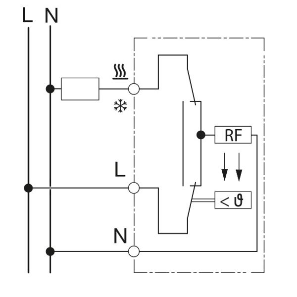 UP room controller, RAL1013 glossy 55x55, 5-30C, AC 230V, 1CO, 10A/5A, heating/cooling switch image 3