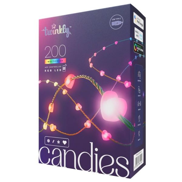 Twinkly Candies – 200 Heart-shaped RGB LEDs, Green Wire, USB-C image 1