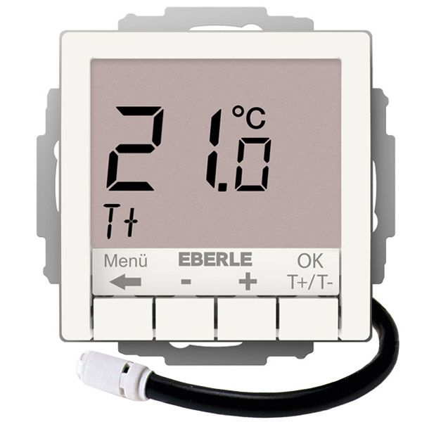 Flush-mounted thermostat for controlling electrical temperature control systems, RAL9010 glossy 55x55, AC 230V, 1 NO contact 16 A, white backlighting image 1