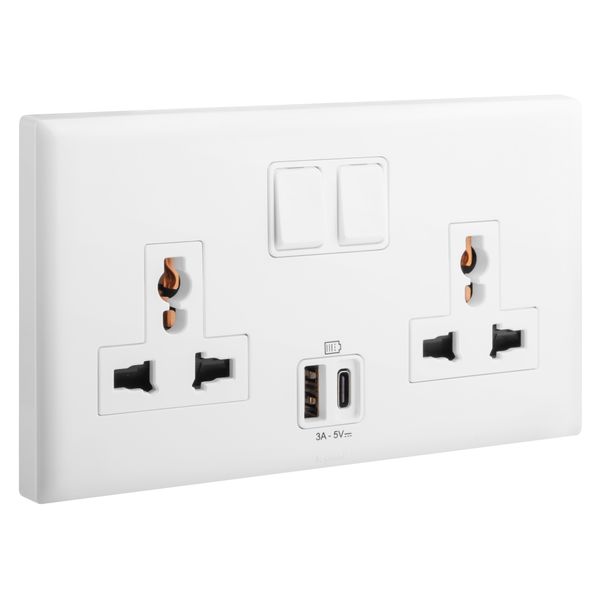 Socket 2 Gang 13A Switched + USB Type( A+C ) 7X14 White,  Legrand-ELOE image 1