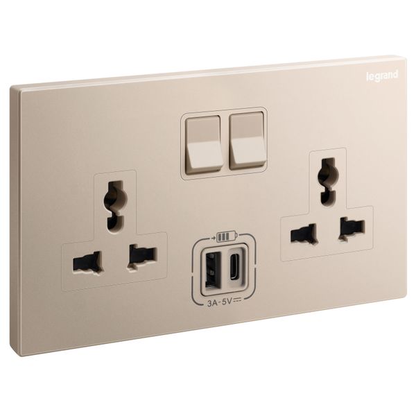 ROSEGOLD 2G MULTISTANDARD SWITCHED SOCKET WITH TWO USB TYPE A+TYPE C image 1