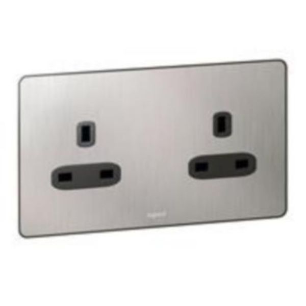 Sinergy Sleek 2 gang unswitched socket outlet 13A Brushed Stainless steel image 1