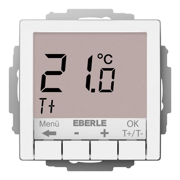 Flush-mounted thermostat as room controller, RAL9016 glossy 55x55, AC 230V, 10 A relay output 1 NO contact, white backlighting image 1